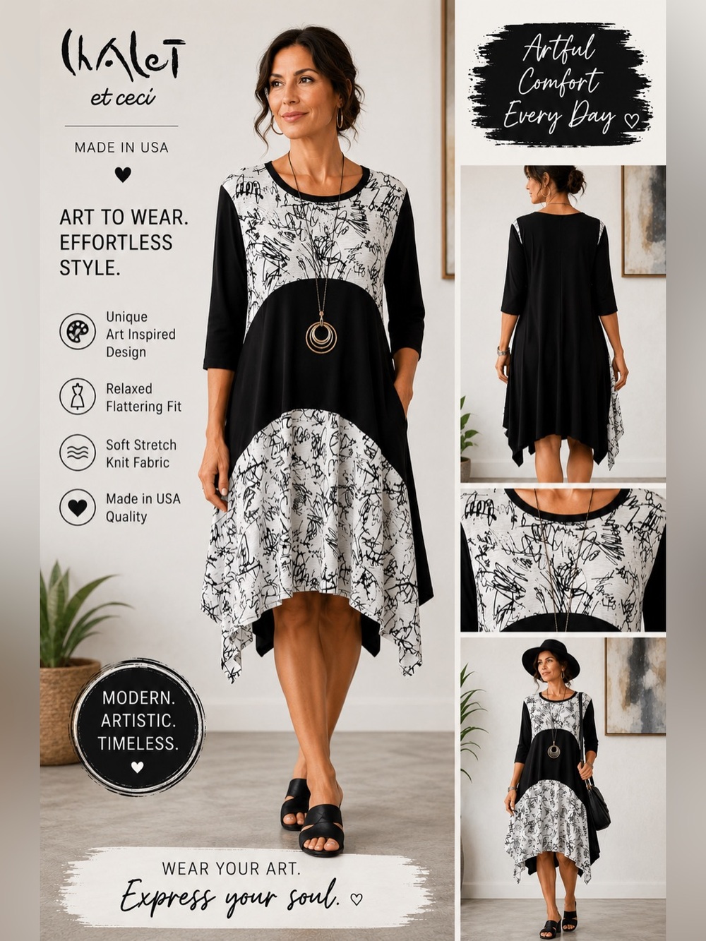 Chalet et Ceci Abstract Print Asymmetrical Dress Black White Lagenlook Medium
